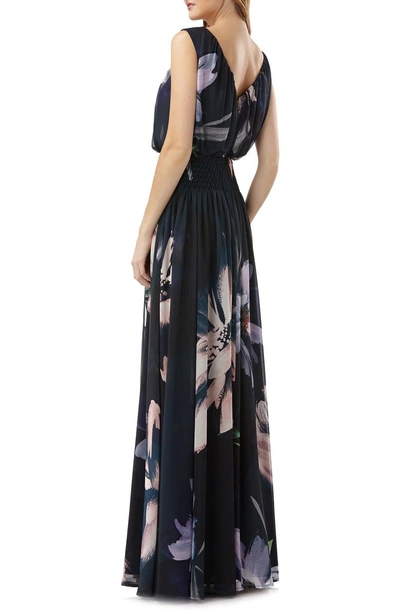 Shop Kay Unger Floral Print Chiffon Gown In Black Multi