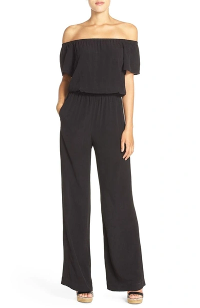 Charles Henry Off The Shoulder Wide Leg Jumpsuit In Black