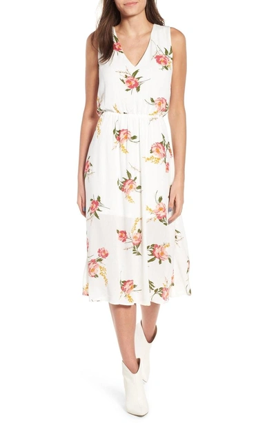 Shop Wayf Sleeveless Blouson Midi Dress In Ivory/ Red Baroque Floral