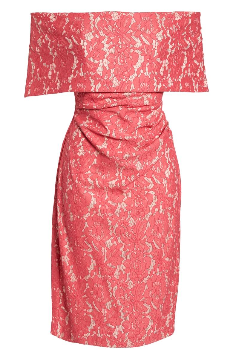vince camuto off the shoulder lace sheath dress