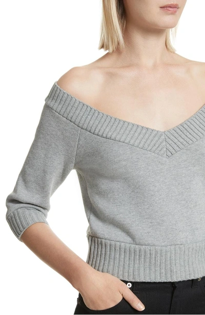 Shop Alexander Wang Dense Off The Shoulder V-neck Fleece Sweater In Heather Grey