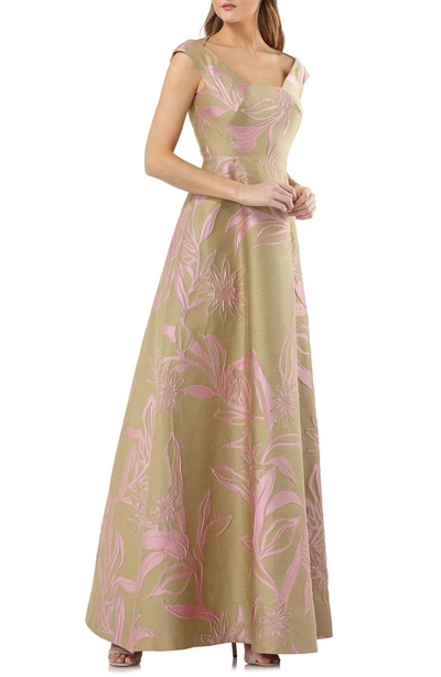 Shop Kay Unger Extended Sleeve Floral Jacquard Gown In Rose Multi