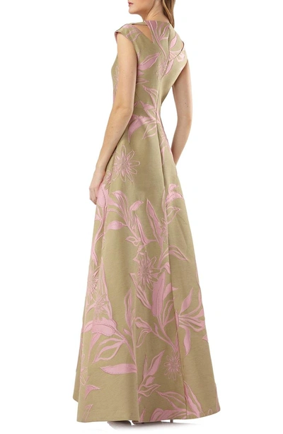 Shop Kay Unger Extended Sleeve Floral Jacquard Gown In Rose Multi
