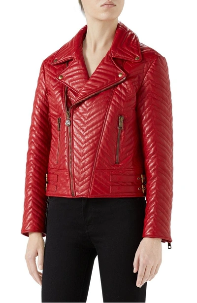 Shop Gucci Heart Quilted Leather Biker Jacket In Hibiscus Red