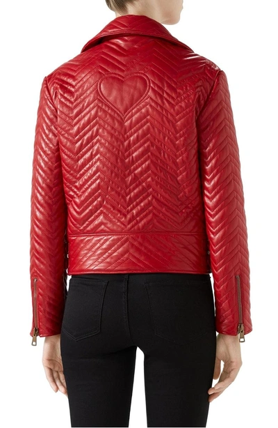 Shop Gucci Heart Quilted Leather Biker Jacket In Hibiscus Red