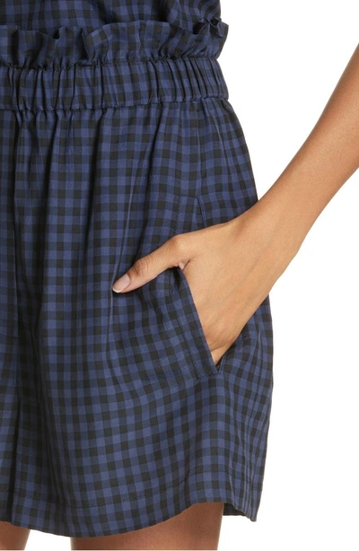 Shop Tibi Gingham Paperbag Waist Shorts In Navy Multi