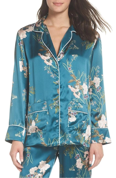 Shop Maison Du Soir Brigette Silk Pajama Top In Teal Floral