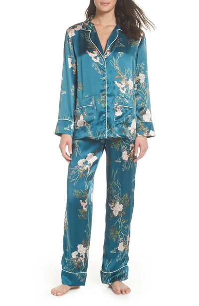 Shop Maison Du Soir Brigette Silk Pajama Top In Teal Floral