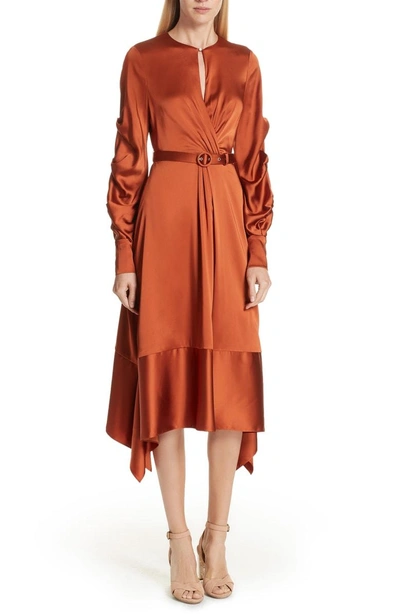 Shop Jonathan Simkhai Ruched Sleeve Satin Midi Dress In Rust