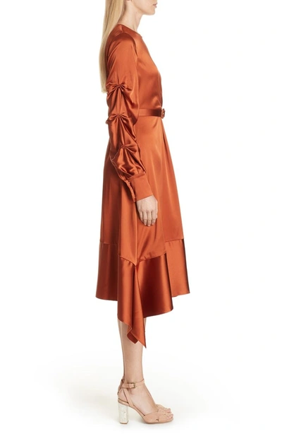 Shop Jonathan Simkhai Ruched Sleeve Satin Midi Dress In Rust