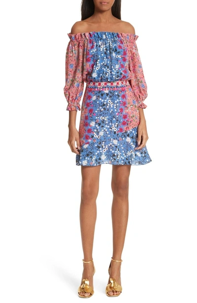 Shop Saloni Grace Off The Shoulder Silk Dress In Foxglove Meadow