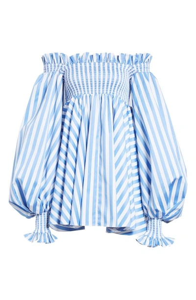 Shop Caroline Constas Kora Stripe Off The Shoulder Dress In Blue/ White