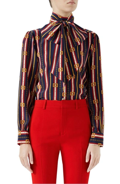 Shop Gucci Chain Belt Print Silk Bow Neck Blouse In Blue/ Red Print