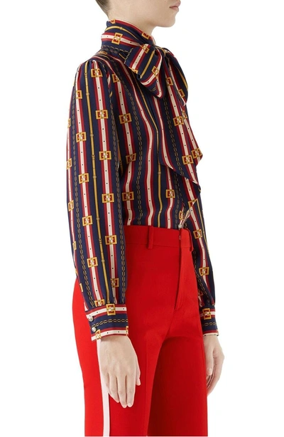 Shop Gucci Chain Belt Print Silk Bow Neck Blouse In Blue/ Red Print