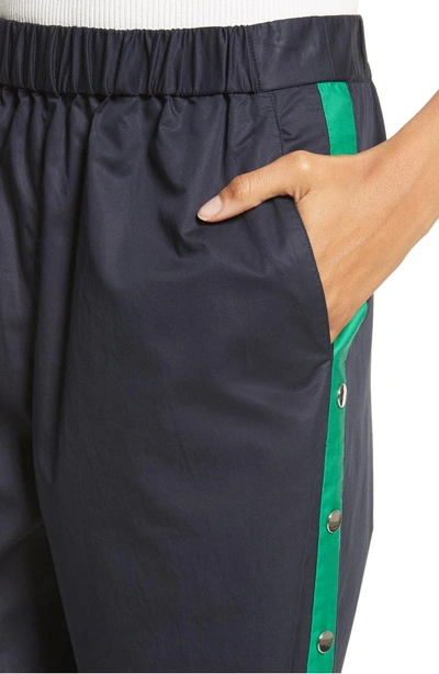 Shop Tibi Snap Side Track Pants In Navy/ Green Multi