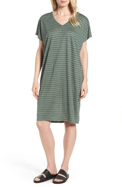 Shop Eileen Fisher Stripe Organic Linen Shift Dress In Nori