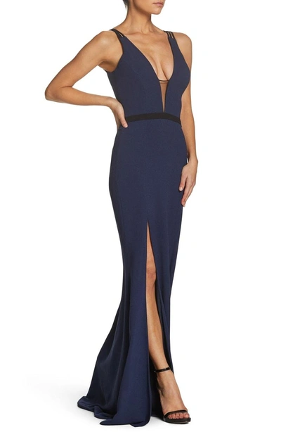 Shop Dress The Population Lana Plunging Strappy Shoulder Gown In Midnight Blue
