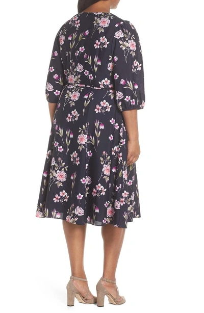 Shop Eliza J Puff Sleeve Floral Wrap Midi Dress In Navy