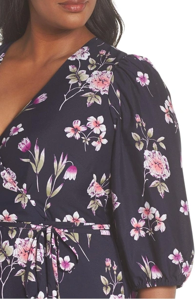 Shop Eliza J Puff Sleeve Floral Wrap Midi Dress In Navy