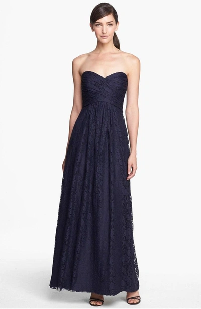 Shop Amsale Pleated Lace Sweetheart Strapless Gown In Navy
