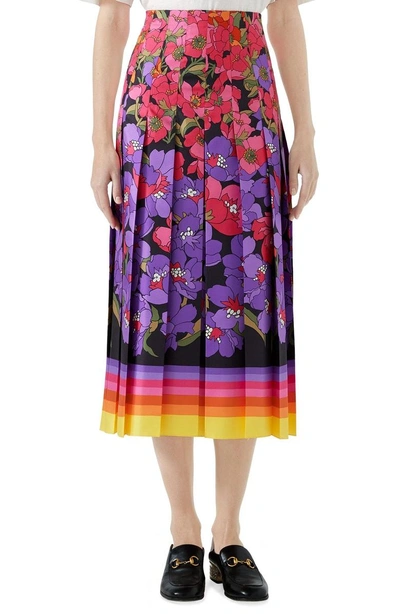 Shop Gucci Flower Degrade Pleated Silk Skirt In Black/ Purple Print