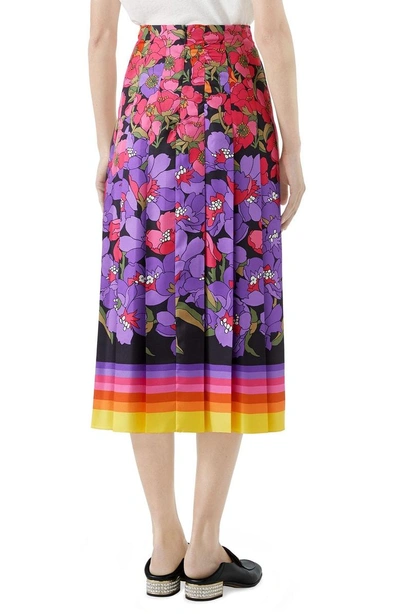 Shop Gucci Flower Degrade Pleated Silk Skirt In Black/ Purple Print