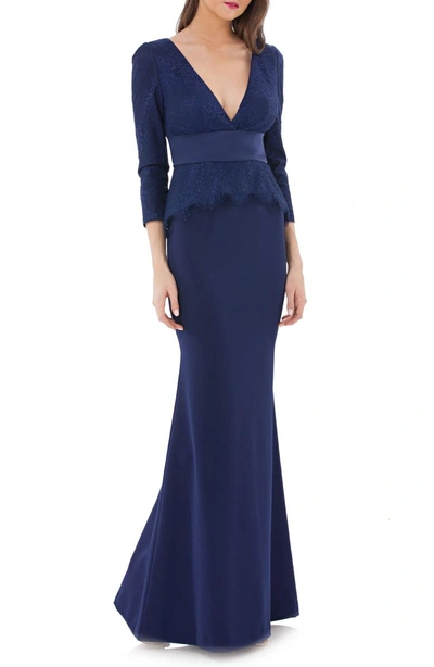 Shop Js Collections Lace & Crepe Peplum Gown In Navy
