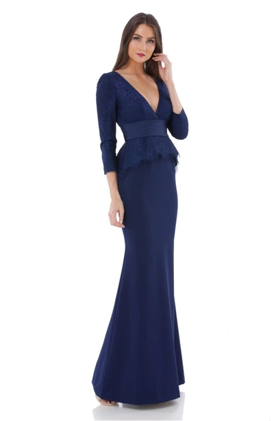Shop Js Collections Lace & Crepe Peplum Gown In Navy