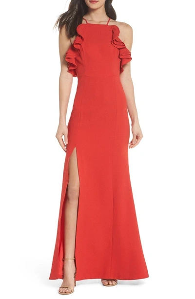 Shop C/meo Collective Ruffle Halter Gown In Cherry