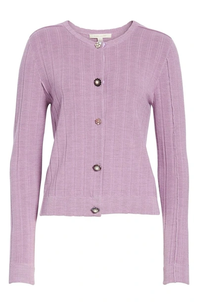 Shop Marc Jacobs Crystal Button Wool & Silk Cardigan In Lilac