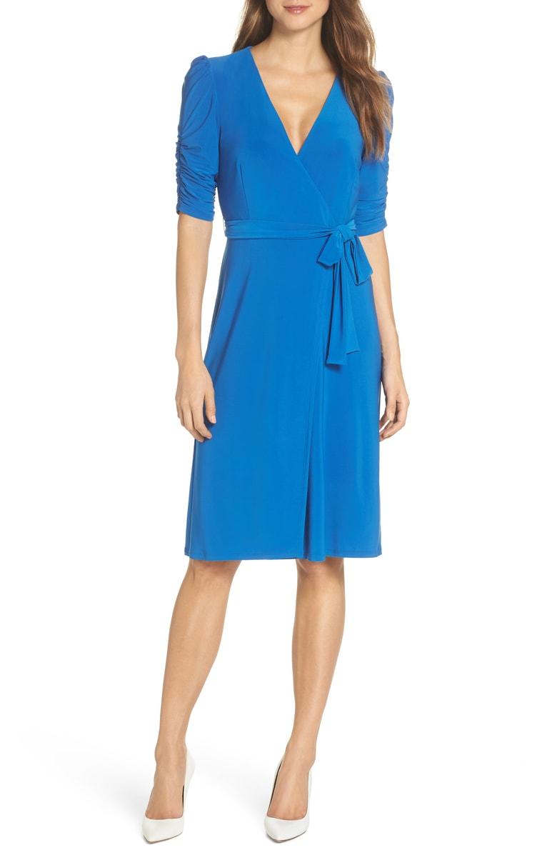 blue faux wrap dress