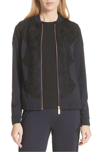 Shop Ted Baker Sadiet Lace Trim Bomber Jacket In Navy