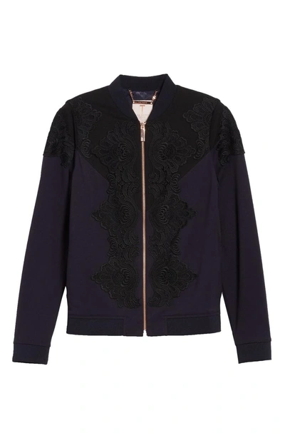 Shop Ted Baker Sadiet Lace Trim Bomber Jacket In Navy