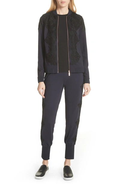 Shop Ted Baker Sadiet Lace Trim Bomber Jacket In Navy