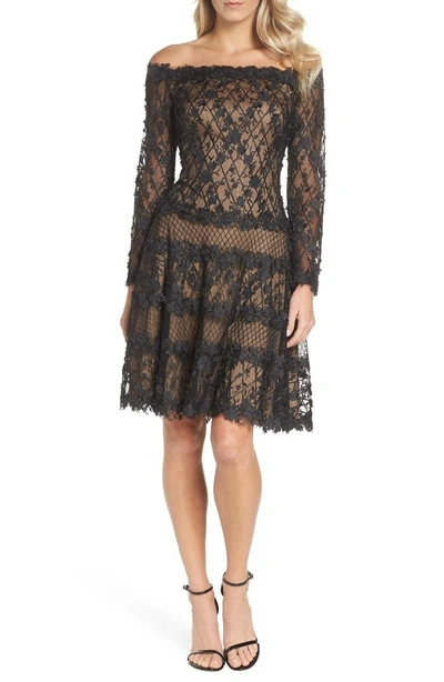 Shop Tadashi Shoji 3d Flower Off The Shoulder Dress In Black/ Nude