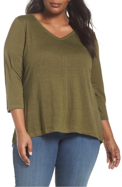 Shop Eileen Fisher V-neck Organic Linen Tee In Olive
