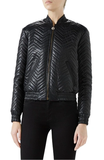 Shop Gucci Quilted Leather Bomber Jacket In Black