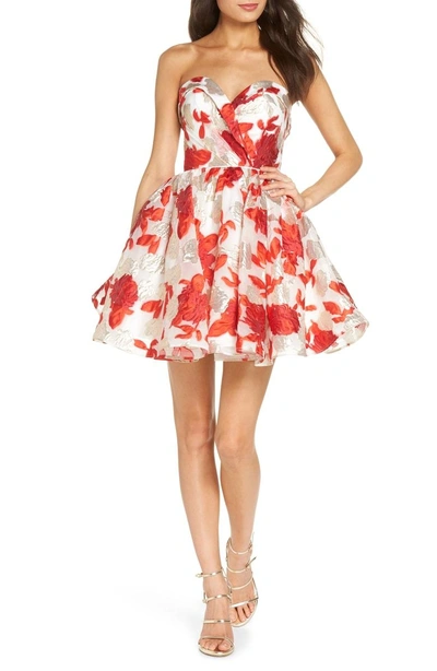 Shop Mac Duggal Strapless Metallic Floral Jacquard Fit & Flare Dress In Red Multi