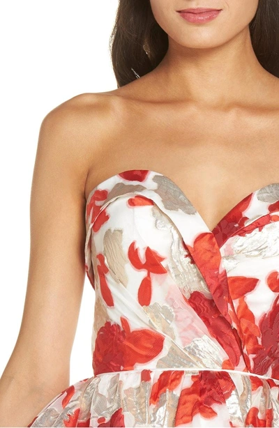Shop Mac Duggal Strapless Metallic Floral Jacquard Fit & Flare Dress In Red Multi