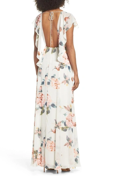 Shop Jenny Yoo Alanna Ohana Print Open Back Print Chiffon Gown In Soft Sage Multi