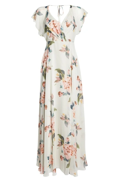 Shop Jenny Yoo Alanna Ohana Print Open Back Print Chiffon Gown In Soft Sage Multi