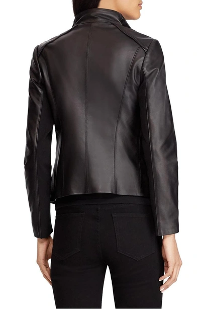 Shop Lauren Ralph Lauren Drape Front Leather Moto Jacket In Black