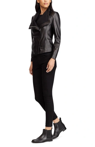 Shop Lauren Ralph Lauren Drape Front Leather Moto Jacket In Black
