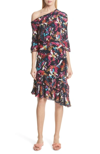 Shop Saloni Lexie Floral Print Silk Off The Shoulder Dress In Navy Fem