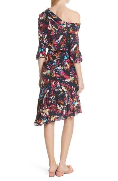 Shop Saloni Lexie Floral Print Silk Off The Shoulder Dress In Navy Fem