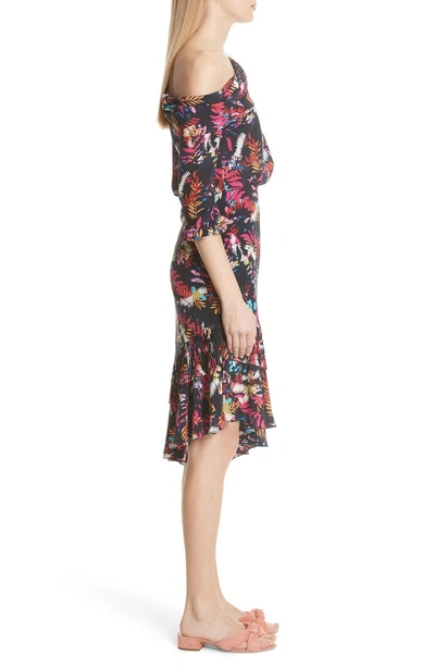 Shop Saloni Lexie Floral Print Silk Off The Shoulder Dress In Navy Fem