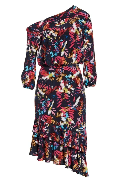 Shop Saloni Lexie Floral Print Silk Off The Shoulder Dress In Navy Fem