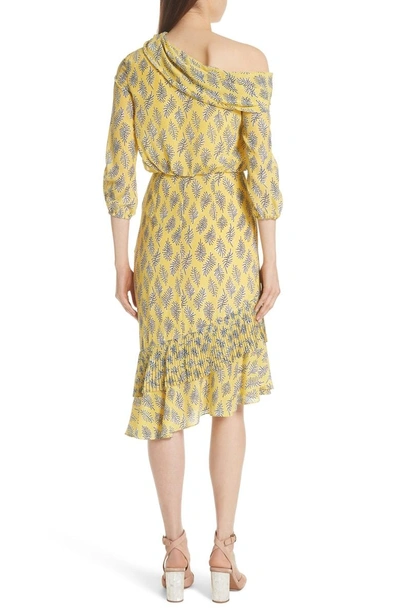 Shop Saloni Lexie Floral Print Silk Off The Shoulder Dress In Golden Alga