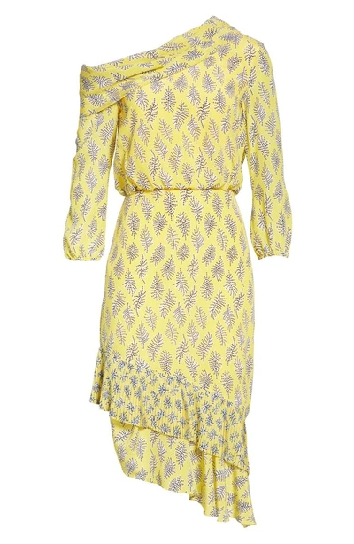 Shop Saloni Lexie Floral Print Silk Off The Shoulder Dress In Golden Alga