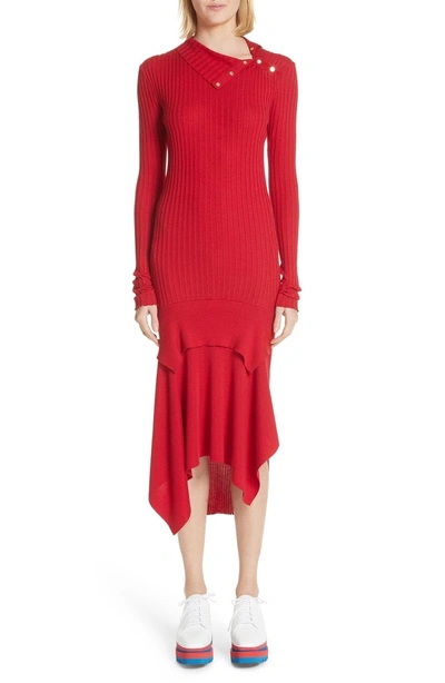 Shop Stella Mccartney Handkerchief Hem Ribbed Wool & Silk Dress In Lover Red
